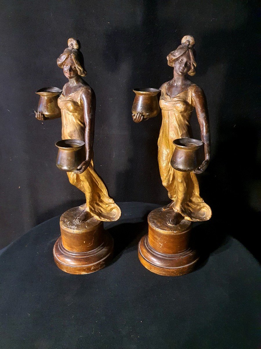 Pair Of Sculptures, Water Carriers. Art Nouveau.-photo-3