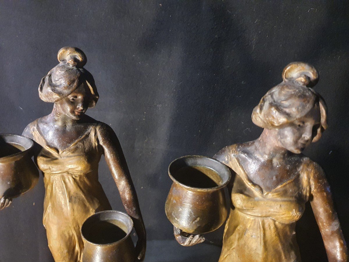 Pair Of Sculptures, Water Carriers. Art Nouveau.-photo-2