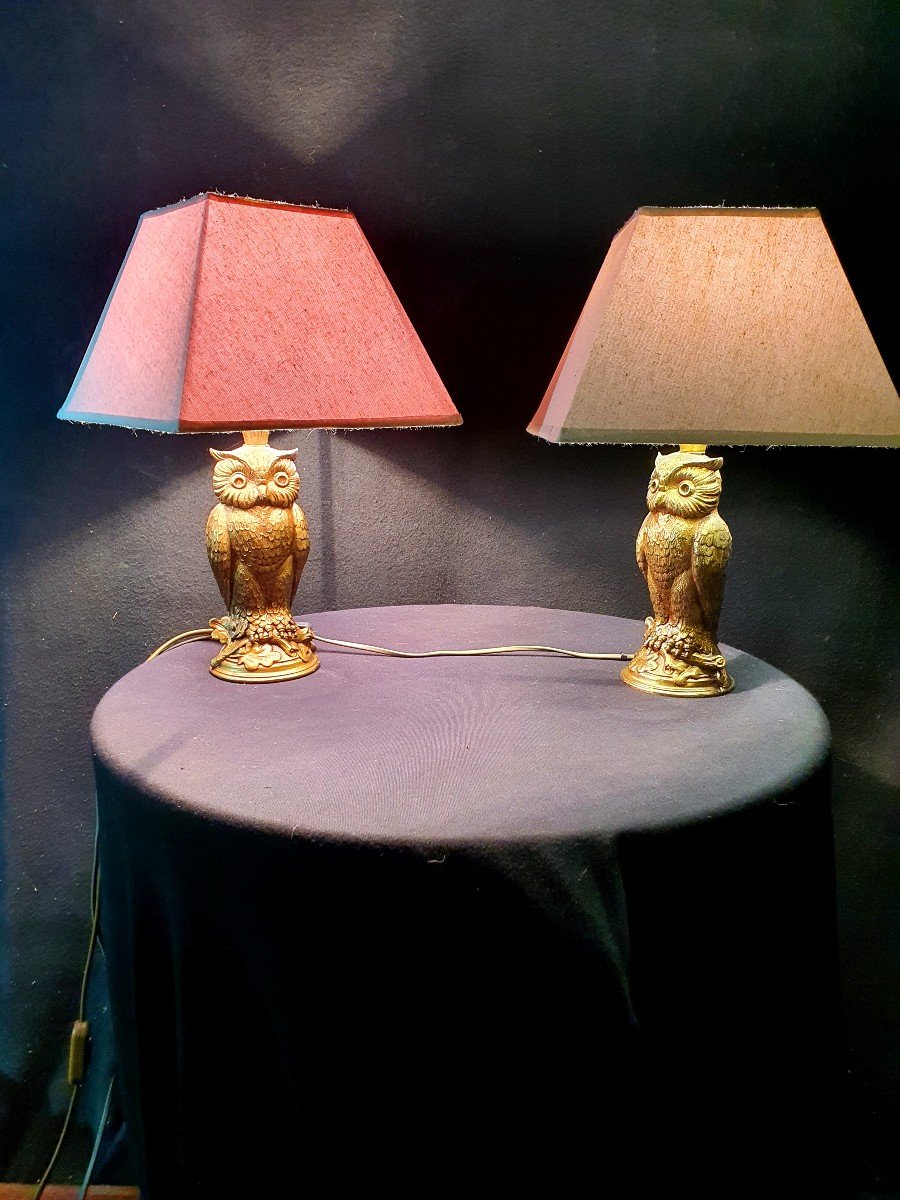 Pair Of Lamps Owls, Owls, Deknudt.-photo-1