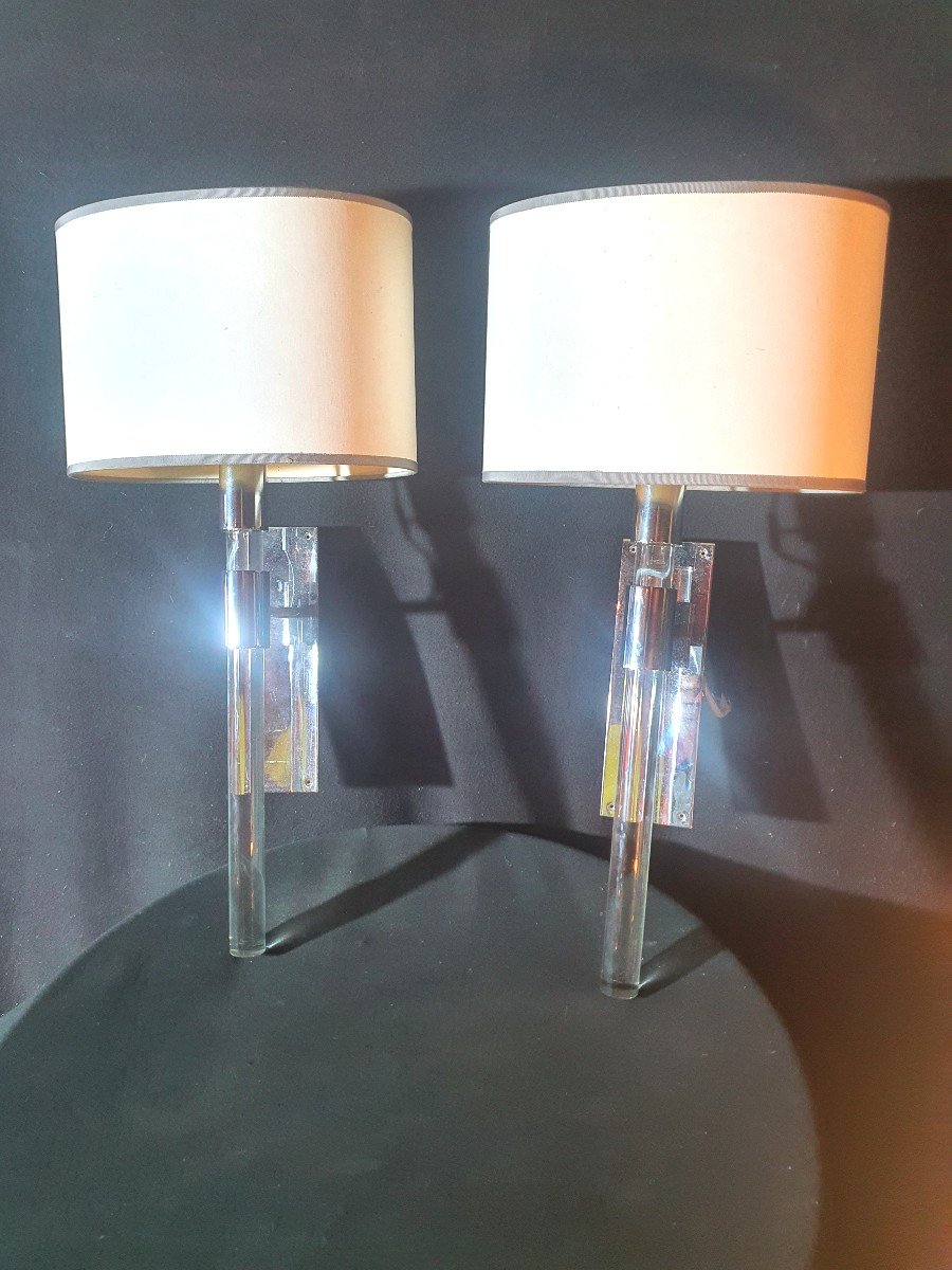 Pair Of Wall Lights 60 70 Lucite And Chrome.-photo-2