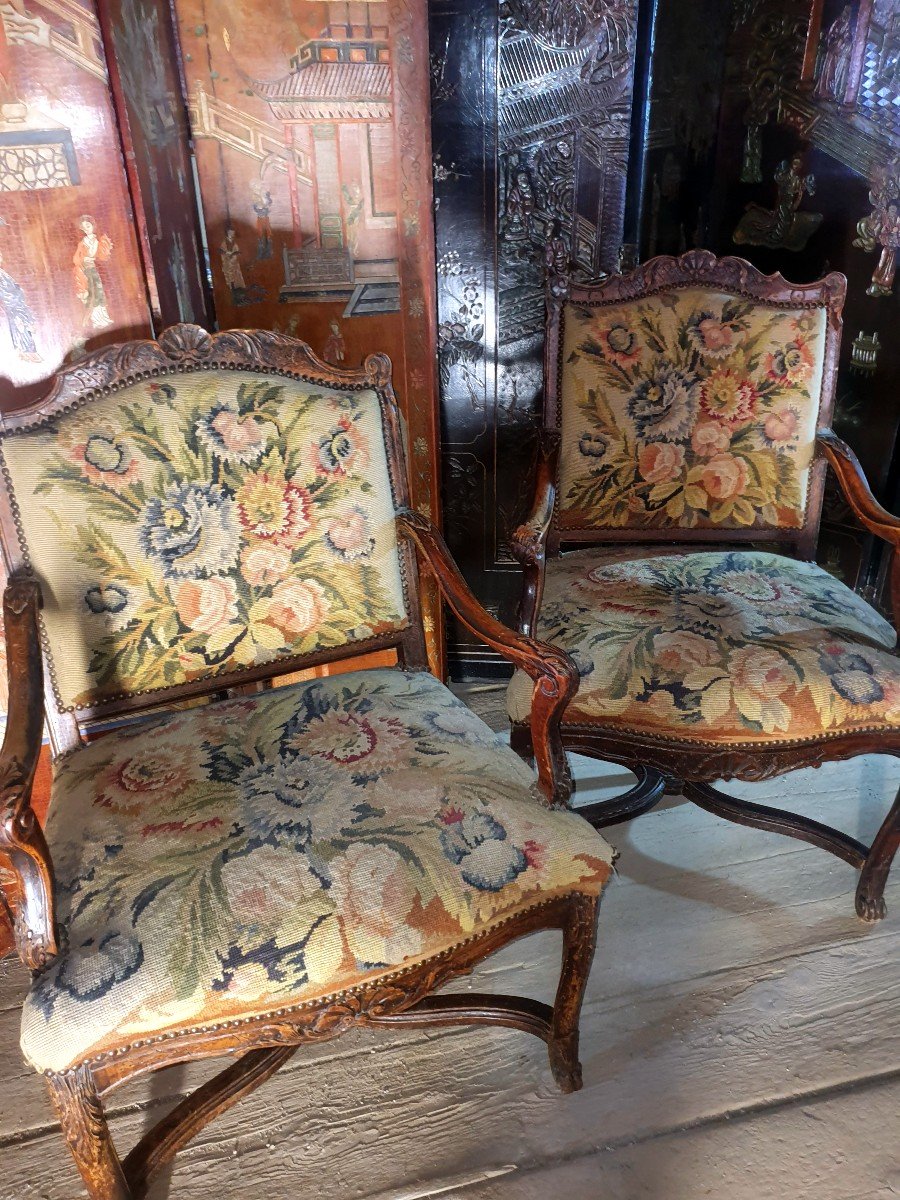 Pair Of Regency Armchairs Tapestry Fabric XVIII Century.-photo-3