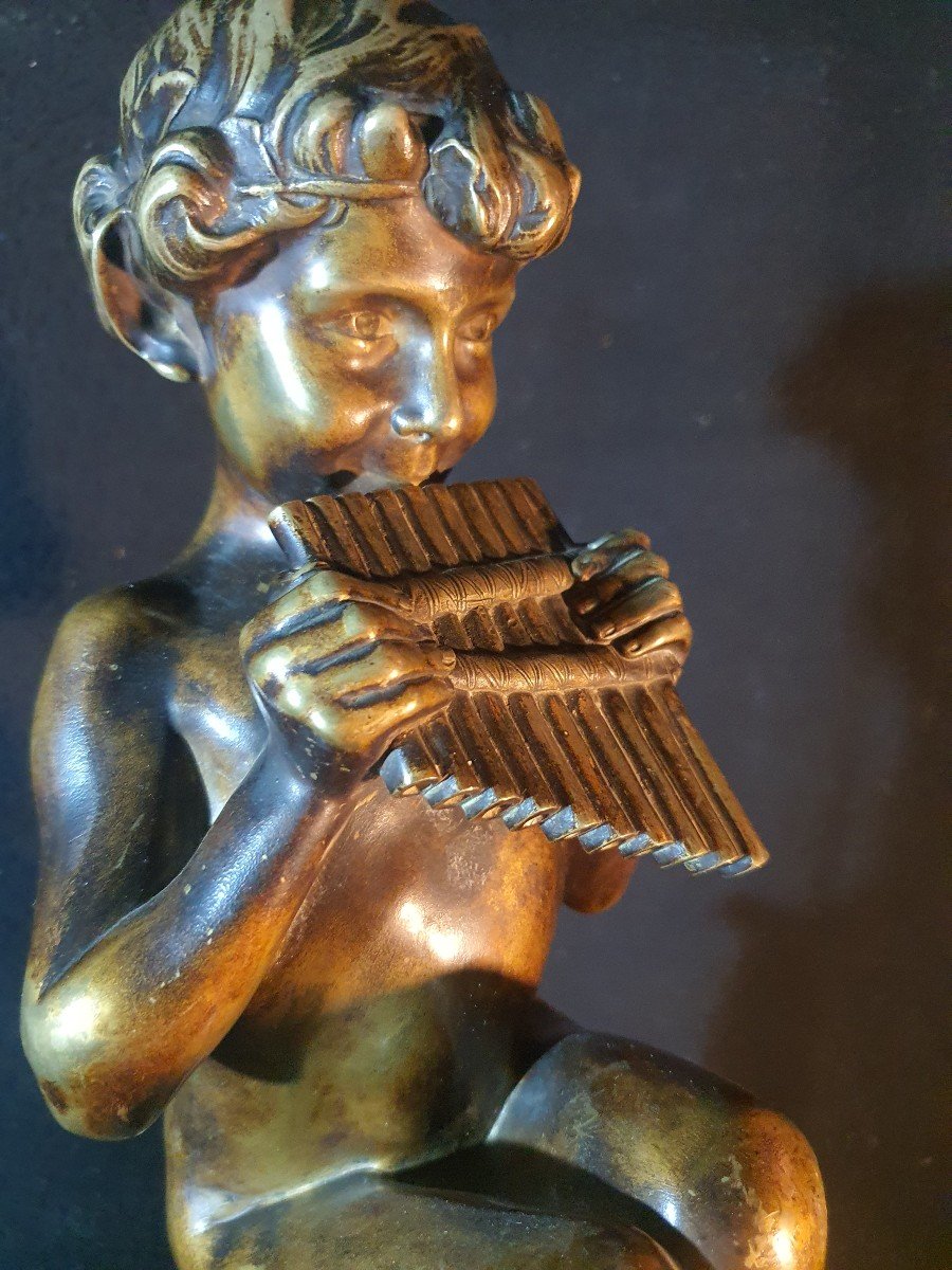 Bronze Sculpture Child Fauna Musician Jean Camus.-photo-3