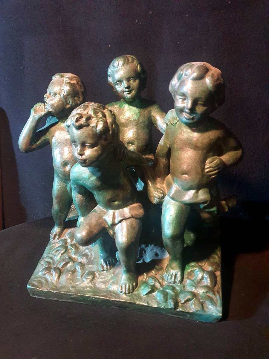 Sculpture Groupe Enfants Terre Cuite Quart Marco.art Déco. -photo-3