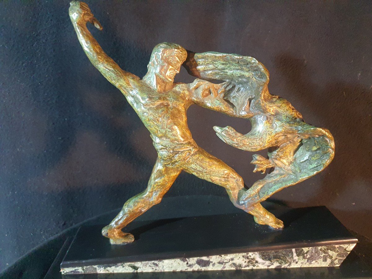 Sculpture Bronze Homme Hercule Et Aigle Michel Decoux. -photo-1