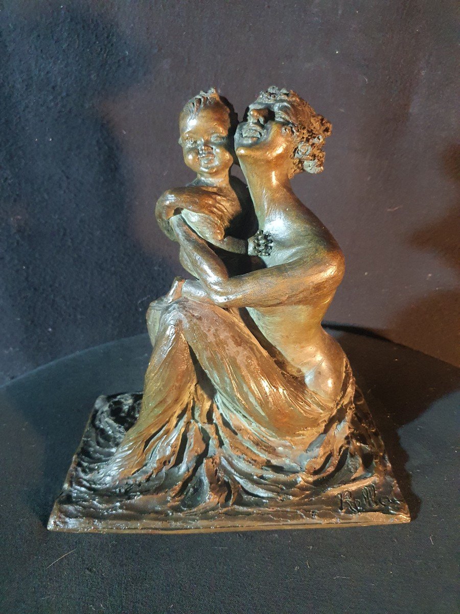 Art Deco Bronze Sculpture, Woman And Child, Lost Wax, Rella.-photo-4