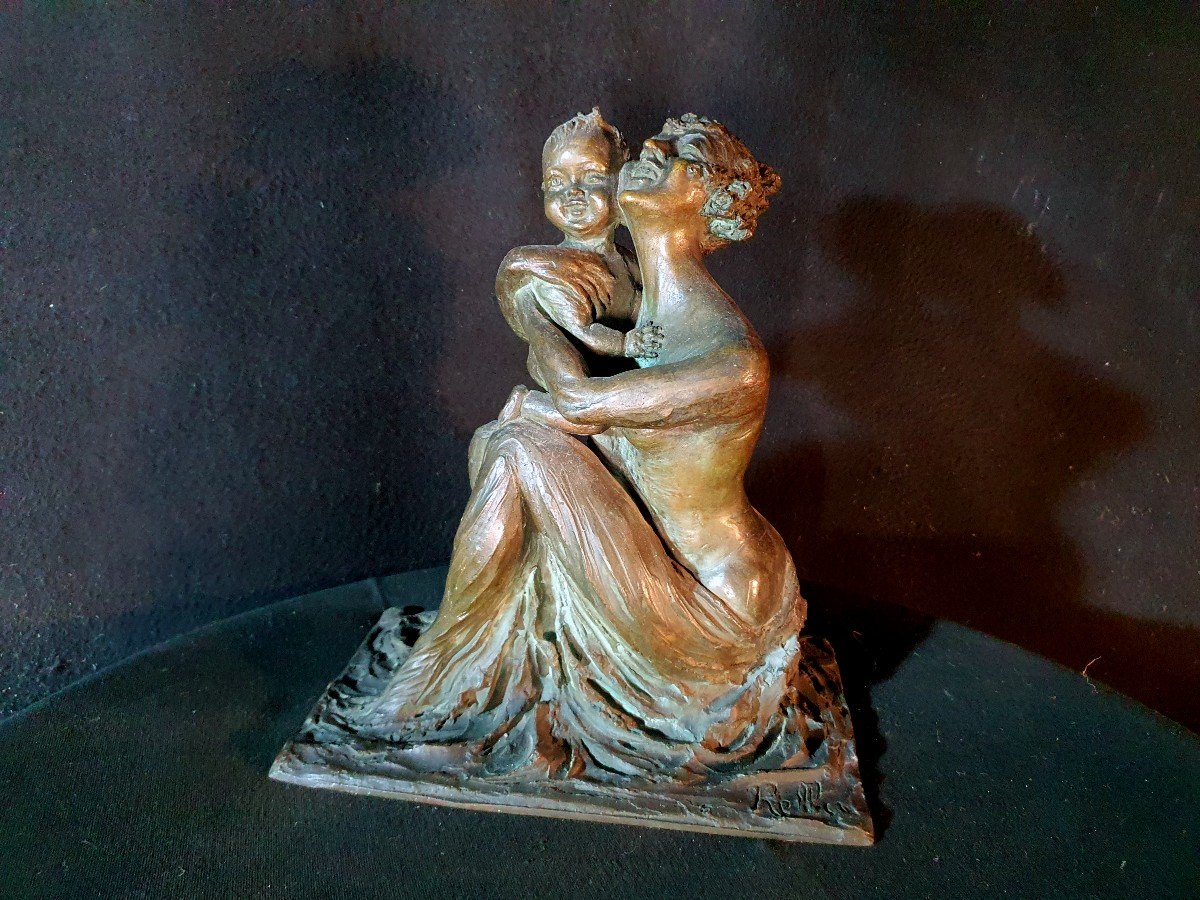 Art Deco Bronze Sculpture, Woman And Child, Lost Wax, Rella.-photo-3