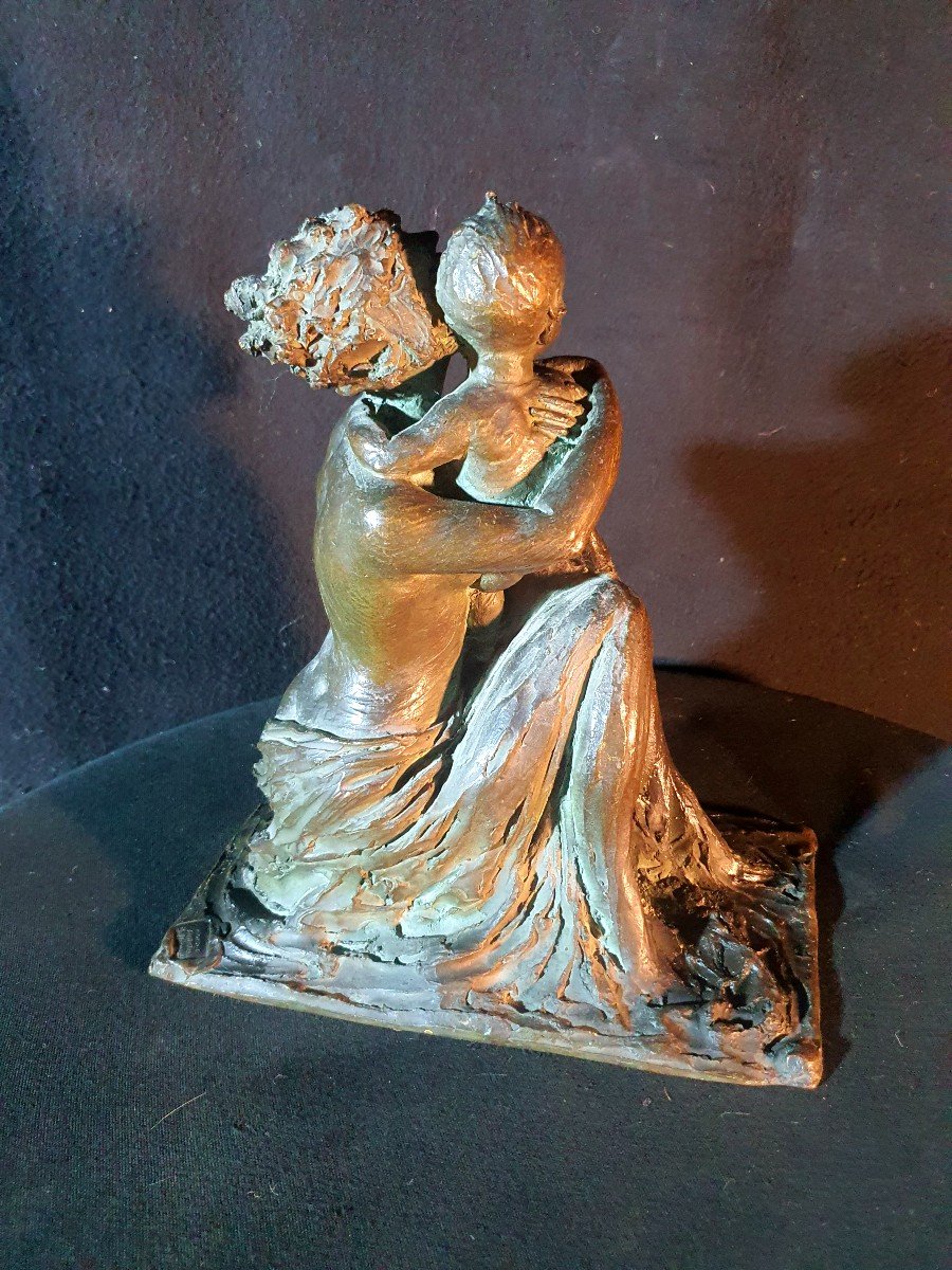 Art Deco Bronze Sculpture, Woman And Child, Lost Wax, Rella.-photo-3