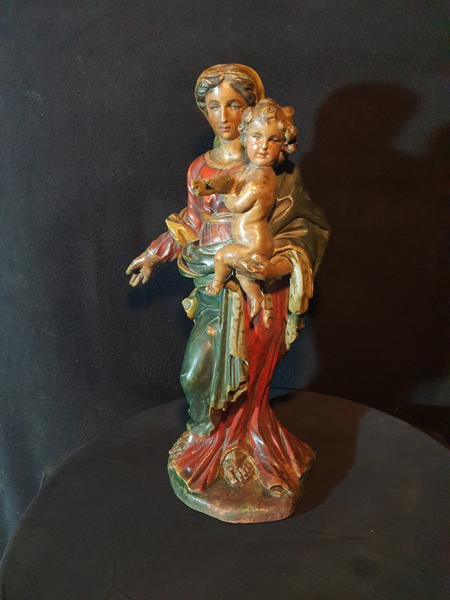 Virgin And Child Wood Sculpture, Baroque 18th Century. -photo-2