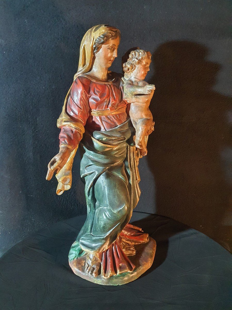 Virgin And Child Wood Sculpture, Baroque 18th Century. -photo-4