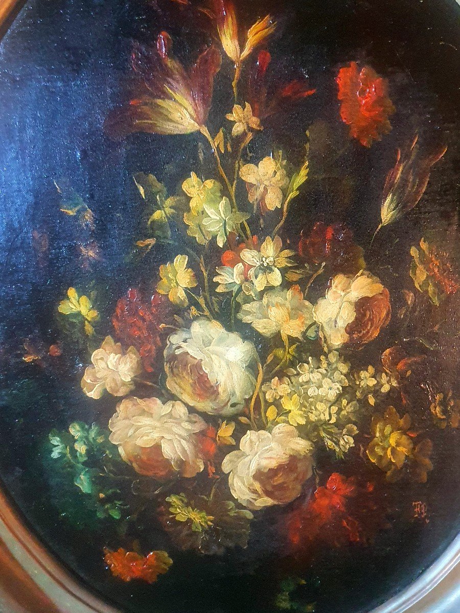 Oval Painting Bouquet Dutch School XIX Century. -photo-3