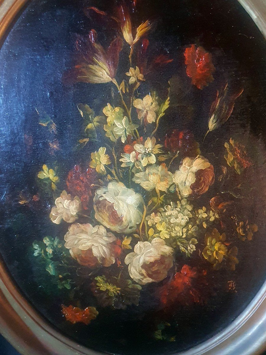Oval Painting Bouquet Dutch School XIX Century. -photo-1