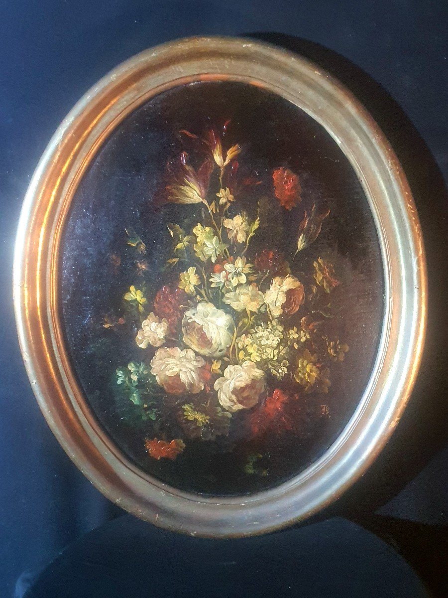 Oval Painting Bouquet Dutch School XIX Century. 