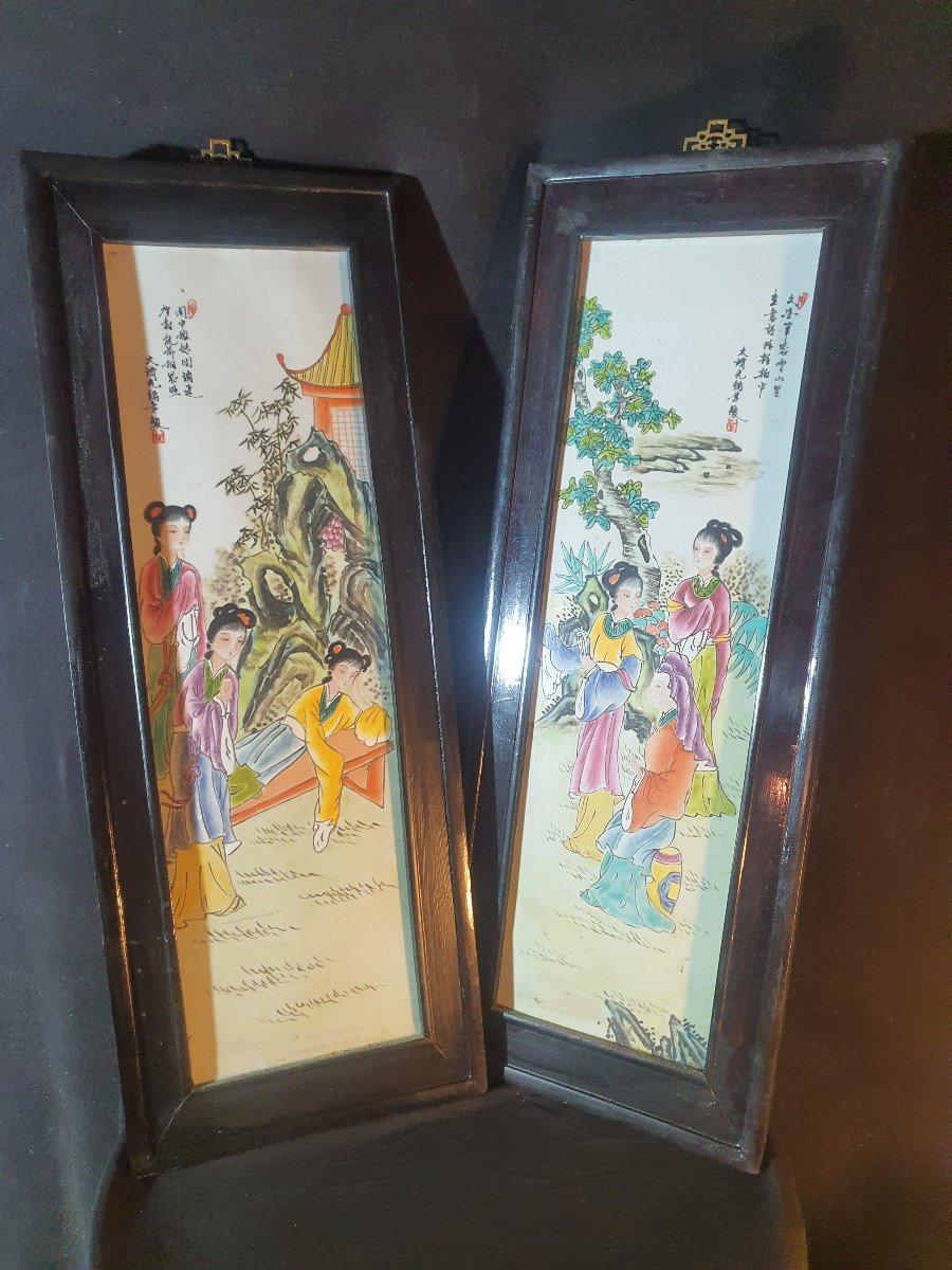 Paire De Tableaux Plaques De Porcelaine Chine. -photo-2