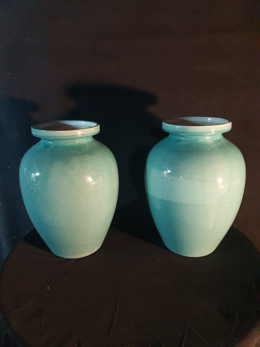 Pair Of Art Deco Turquoise Blue Orchies Vases.-photo-2