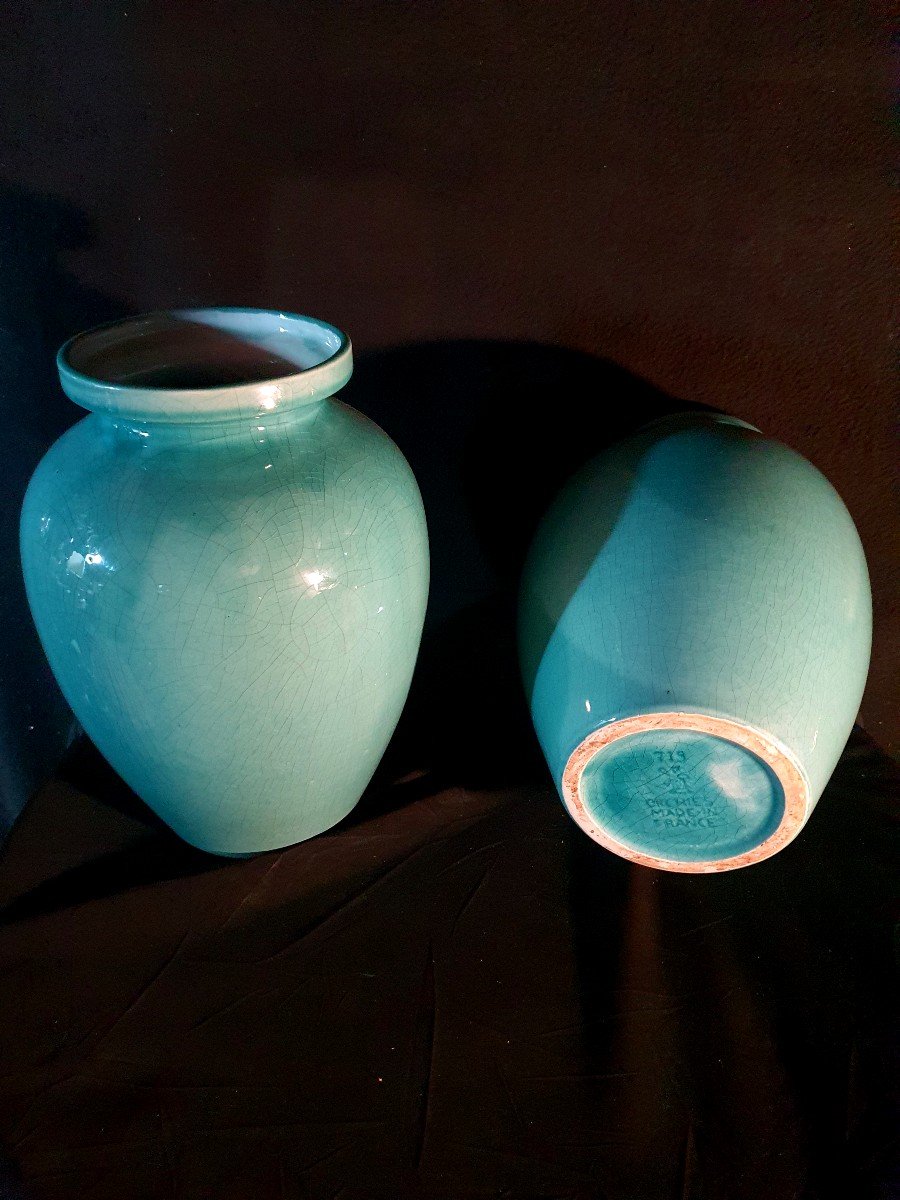 Pair Of Art Deco Turquoise Blue Orchies Vases.-photo-1