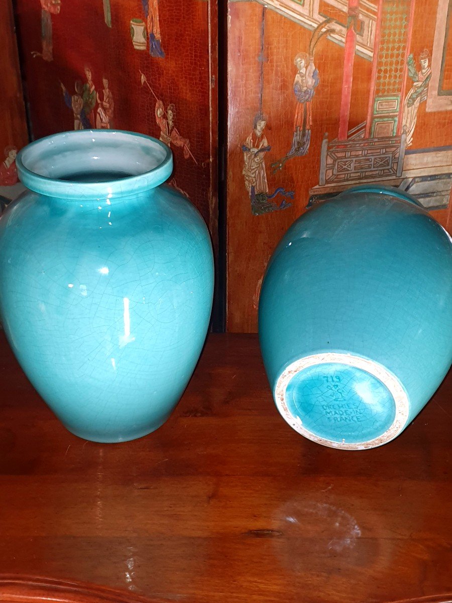 Pair Of Art Deco Turquoise Blue Orchies Vases.-photo-2