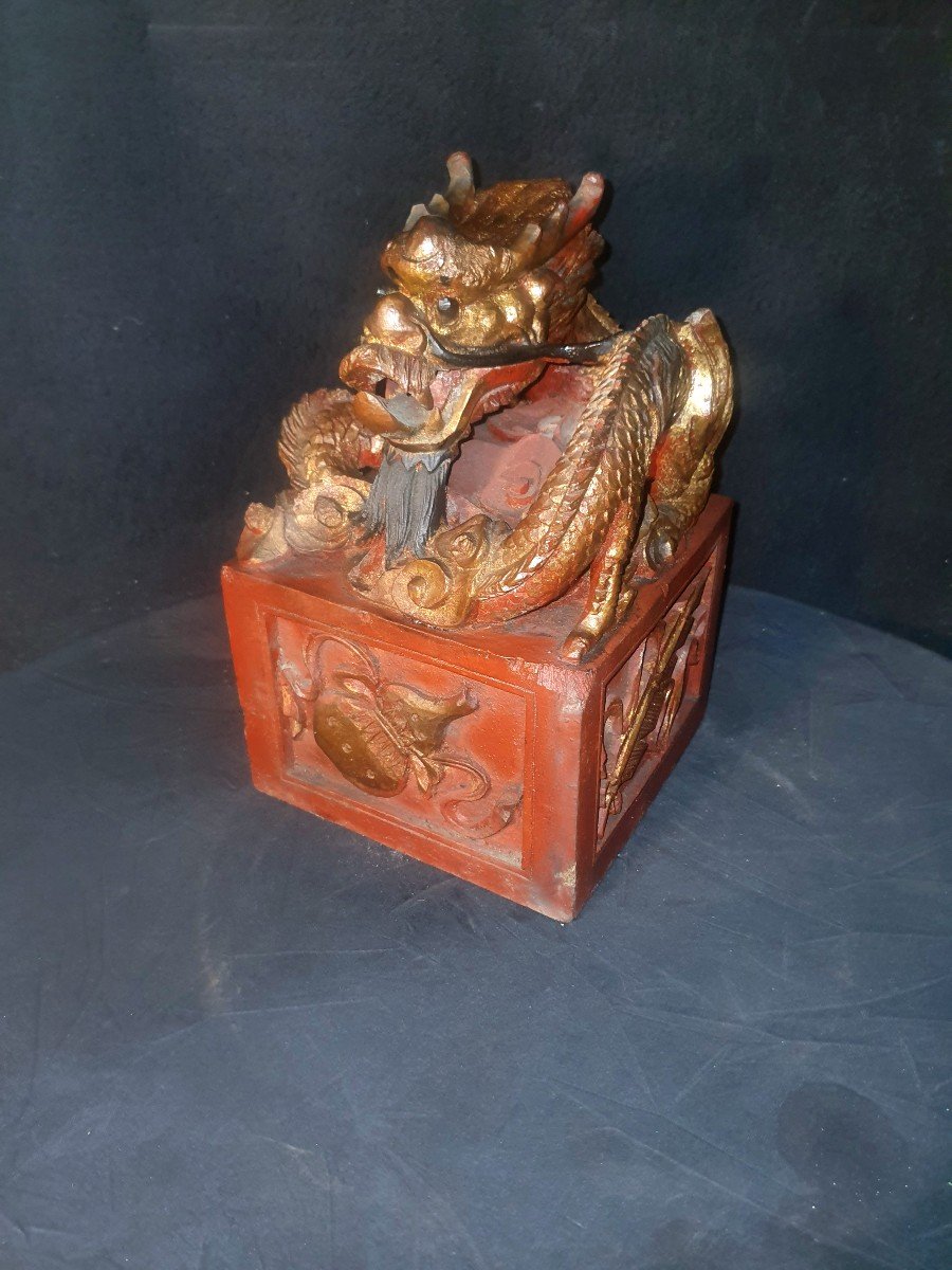 Sceau Chine Dragon Bois Sculpté. -photo-3