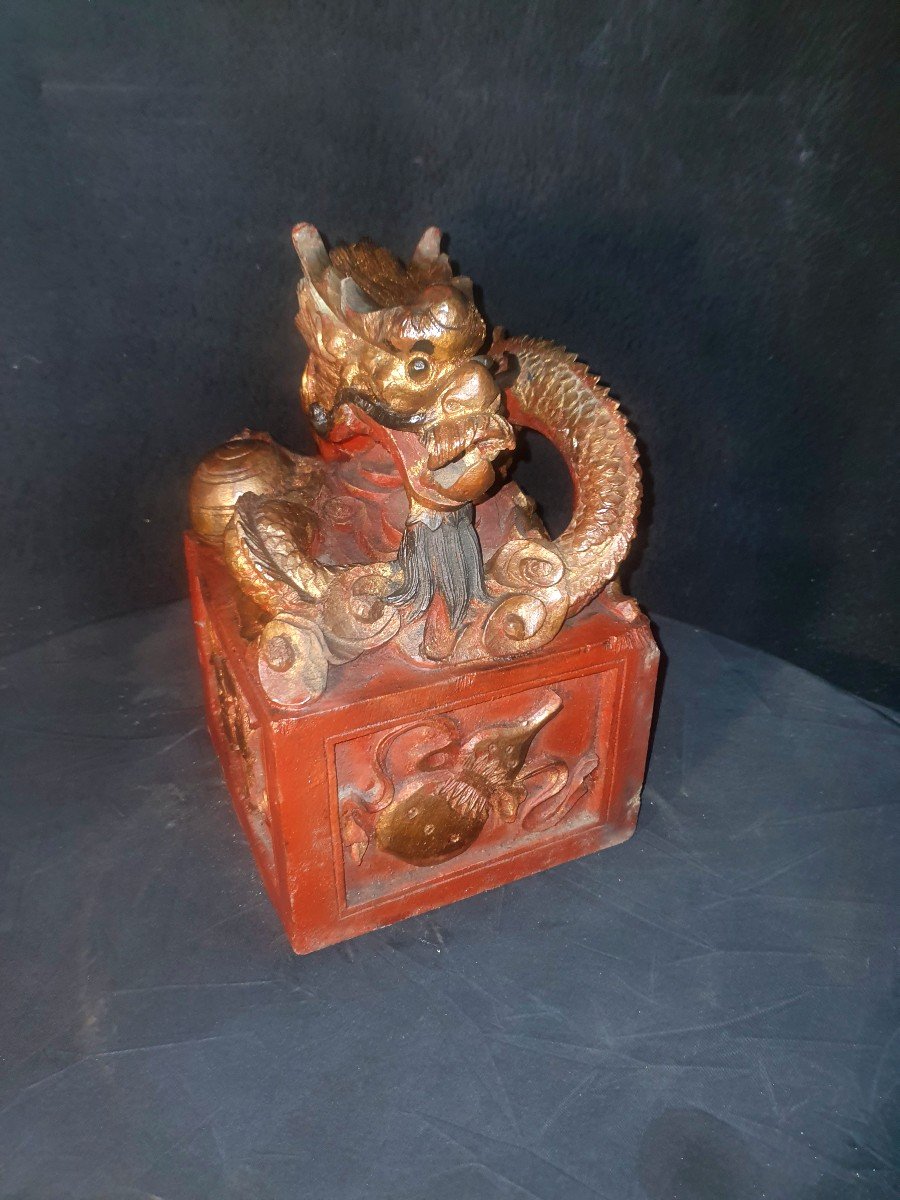 Chinese Carved Wood Dragon Seal. -photo-4