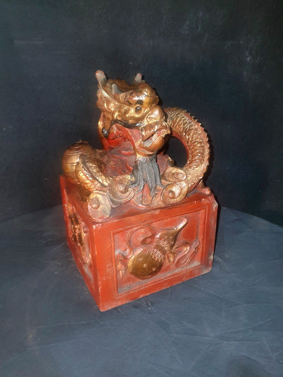 Sceau Chine Dragon Bois Sculpté. -photo-1