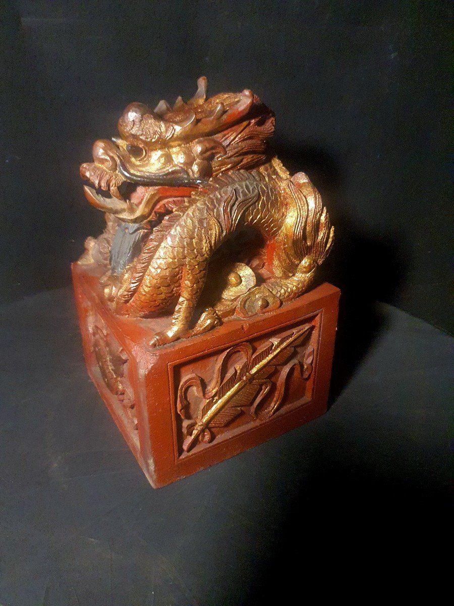 Sceau Chine Dragon Bois Sculpté. -photo-4