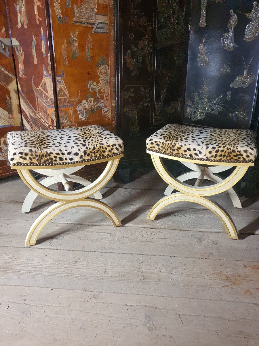 Pair Of Empire Style Leopard Fabric Stools. -photo-2