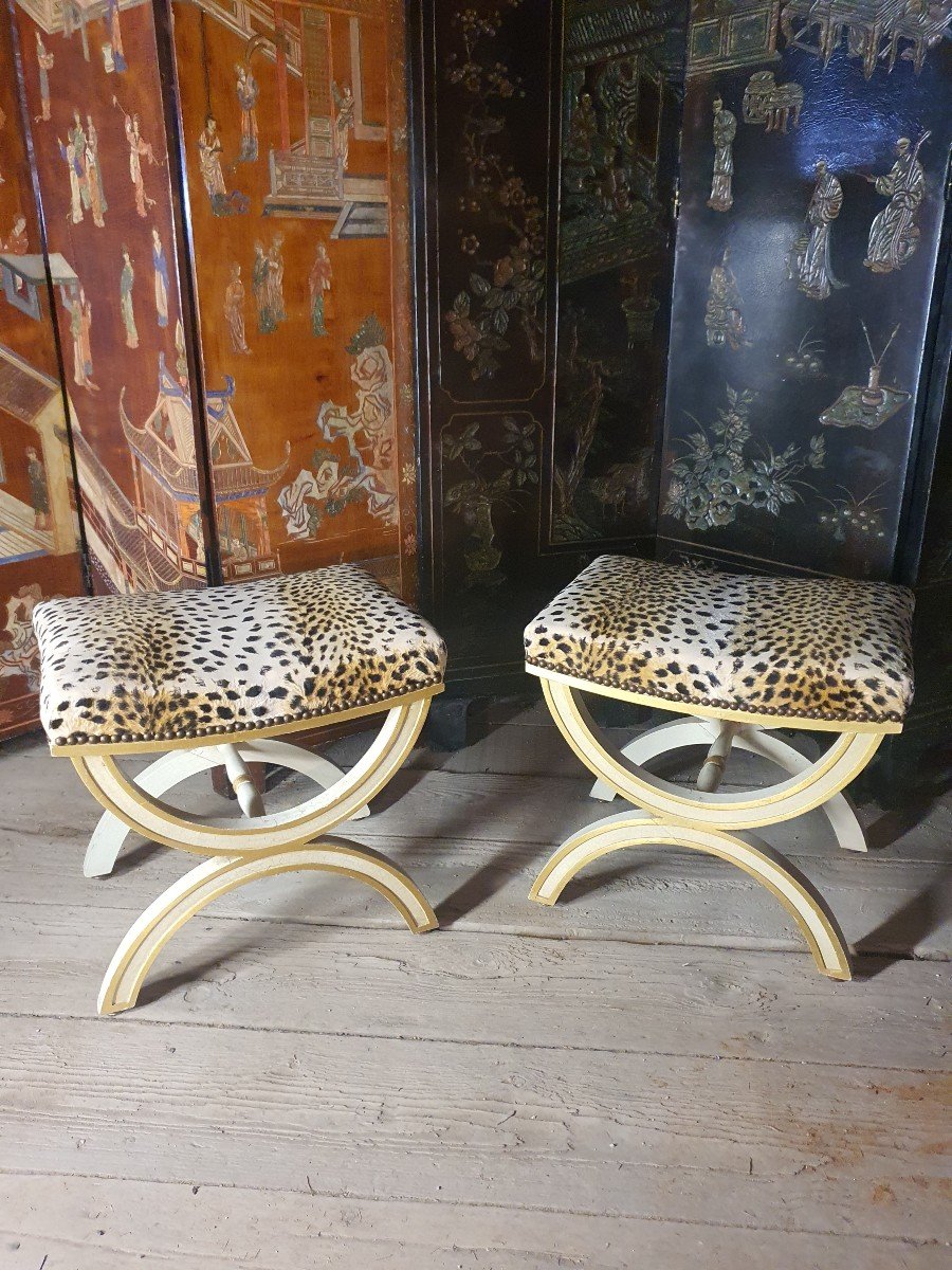 Pair Of Empire Style Leopard Fabric Stools. 