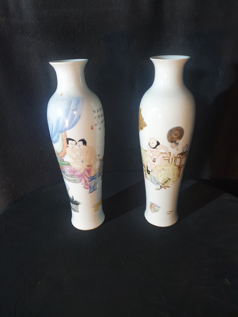 Pair Of Erotic Chinese Vases, Rose Family Chinese Republic. -photo-2