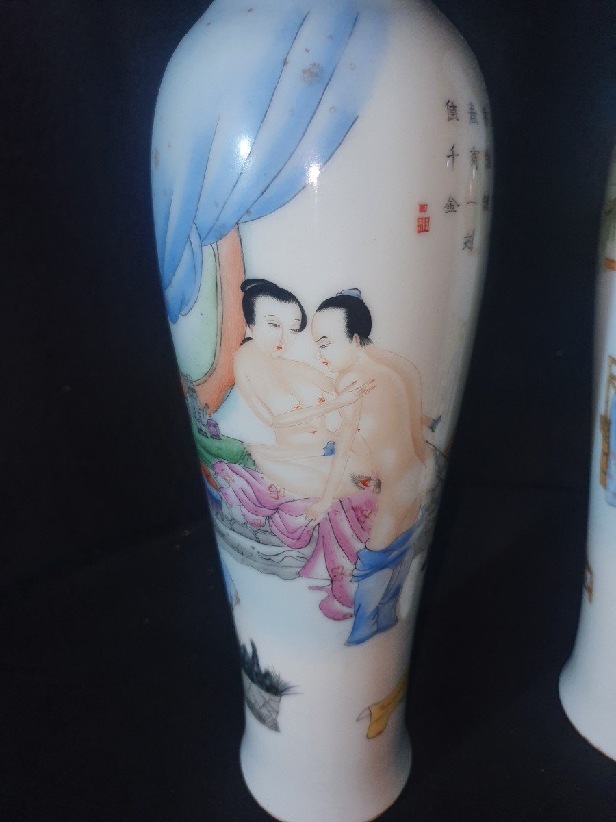 Pair Of Erotic Chinese Vases, Rose Family Chinese Republic. -photo-4