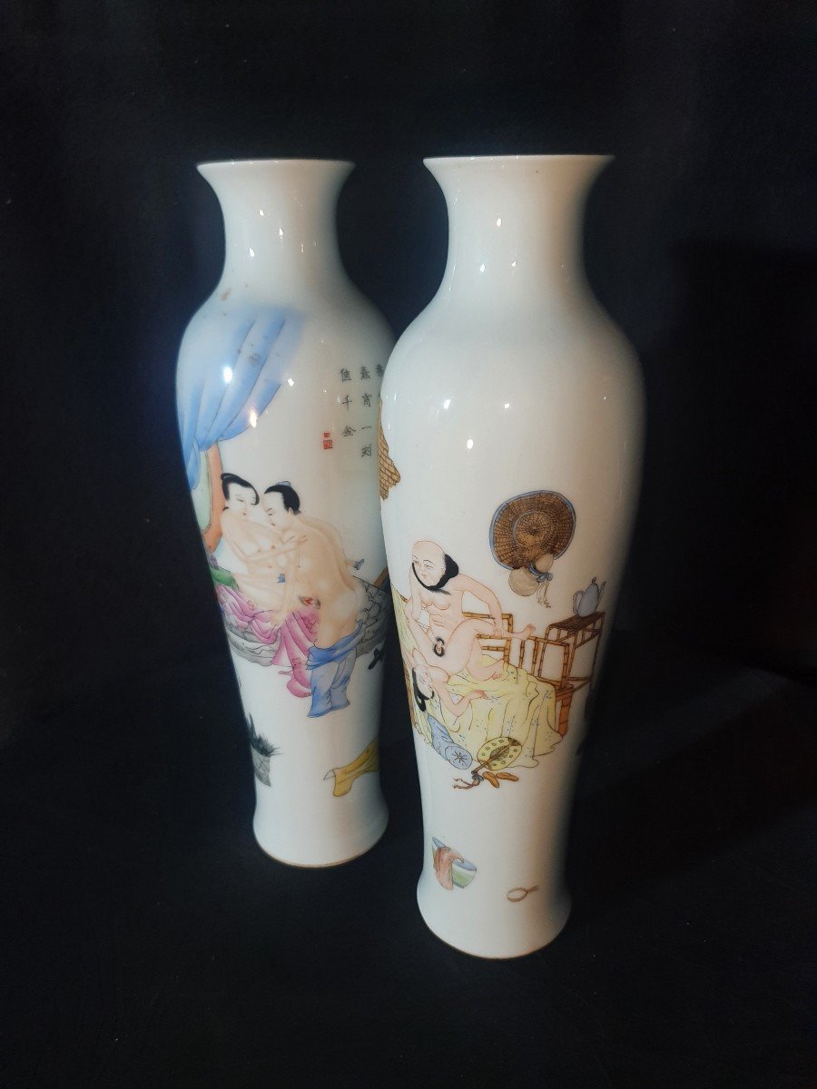 Pair Of Erotic Chinese Vases, Rose Family Chinese Republic. 