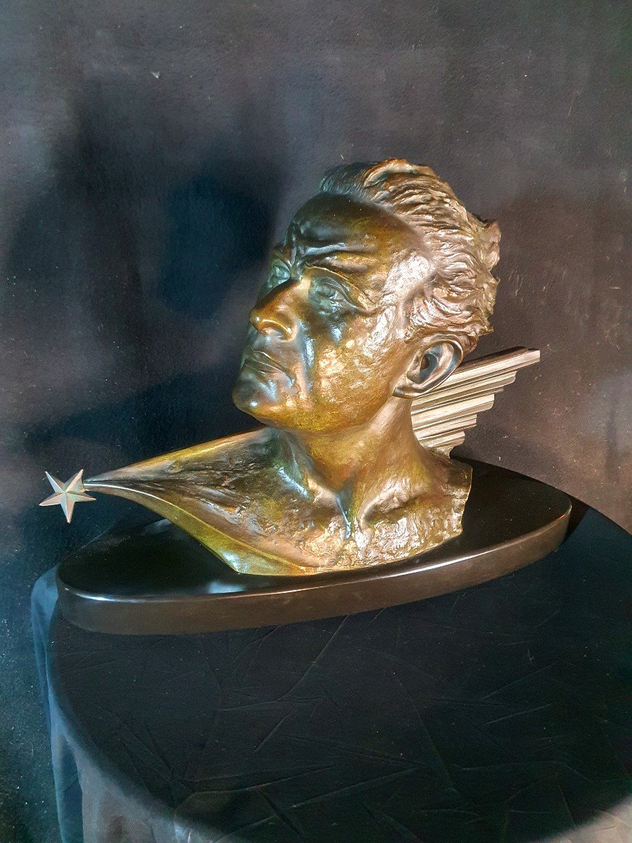 Sculpture Aviation Art Déco Bronze Buste Jean Mermoz ,  F Focht.-photo-2