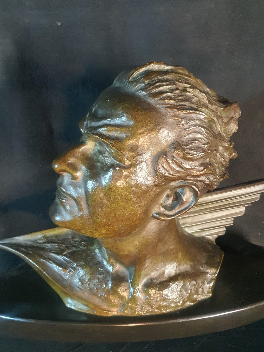 Art Deco Sculpture Bronze Bust Jean Mermoz, F Focht.-photo-3