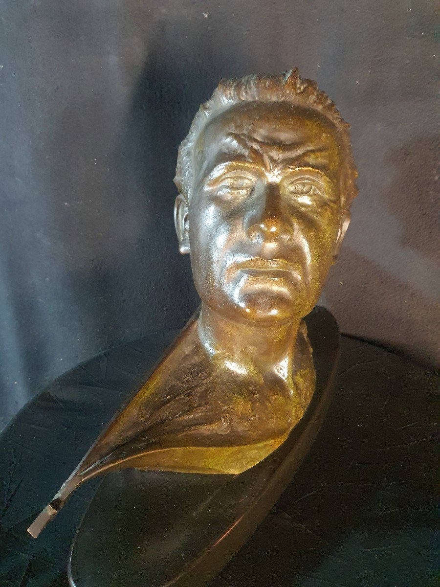 Art Deco Sculpture Bronze Bust Jean Mermoz, F Focht.-photo-2