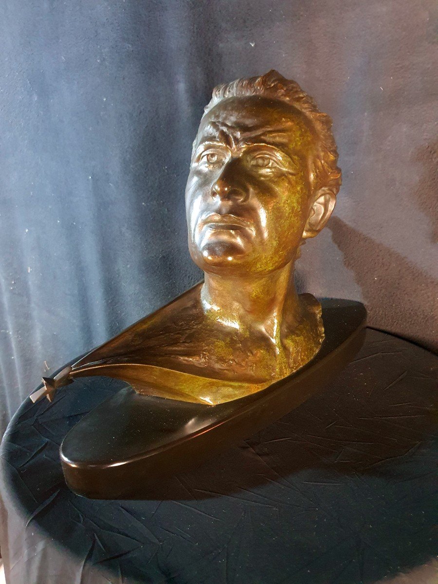 Art Deco Sculpture Bronze Bust Jean Mermoz, F Focht.-photo-3