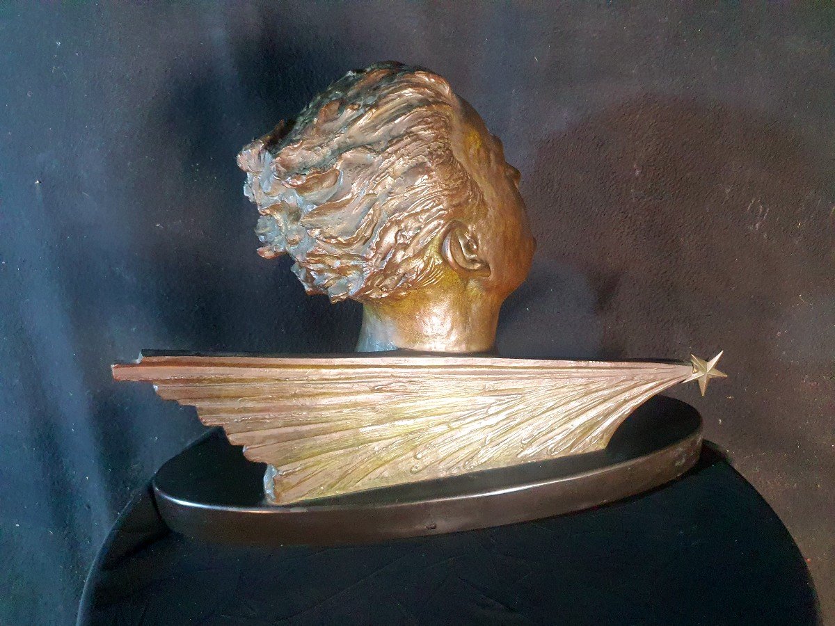 Art Deco Sculpture Bronze Bust Jean Mermoz, F Focht.-photo-6