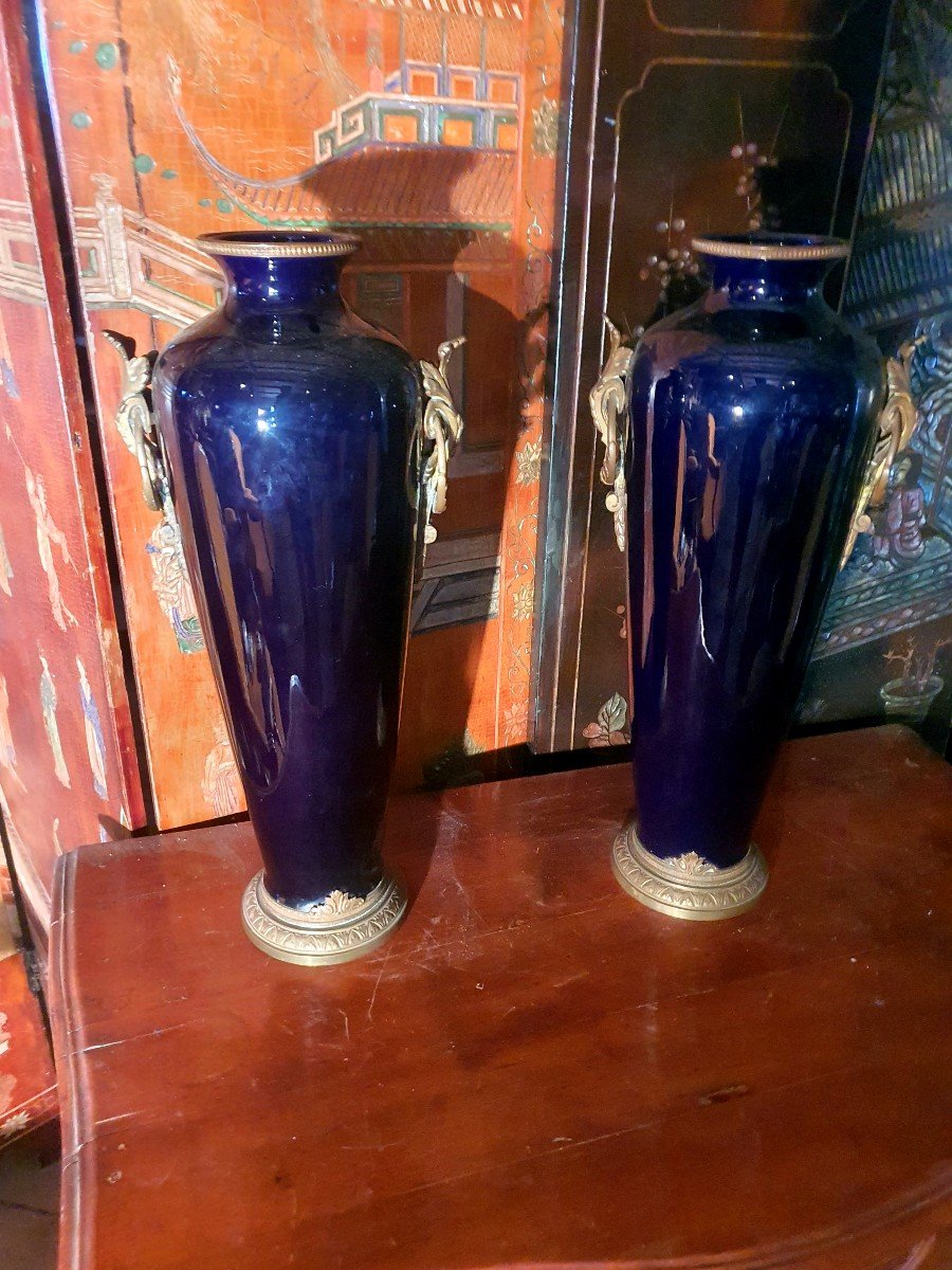 Pair Of Large Blue Porcelain Vases From Sèvres Tours. -photo-4