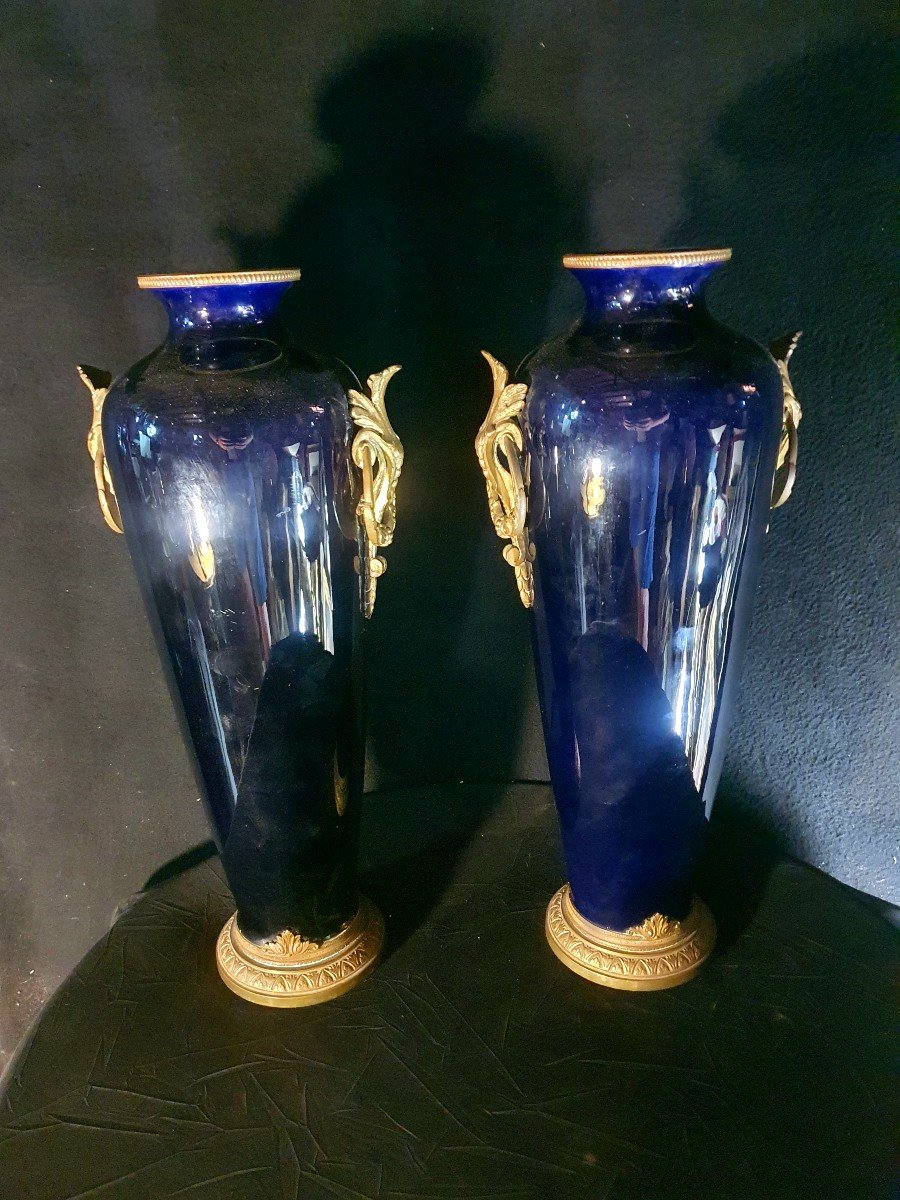 Pair Of Large Blue Porcelain Vases From Sèvres Tours. 