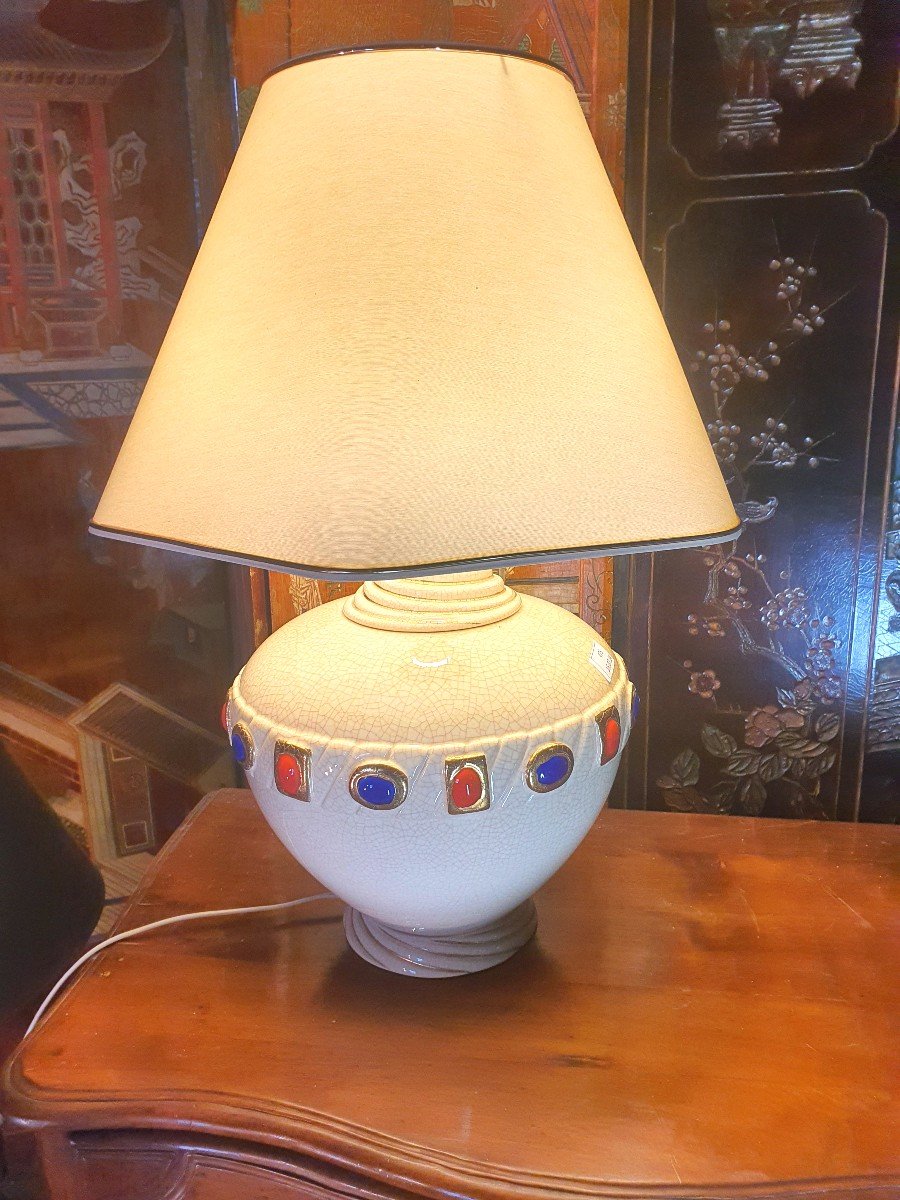 Art Deco Earthenware Lamp From Longwy With Cabochons.-photo-2