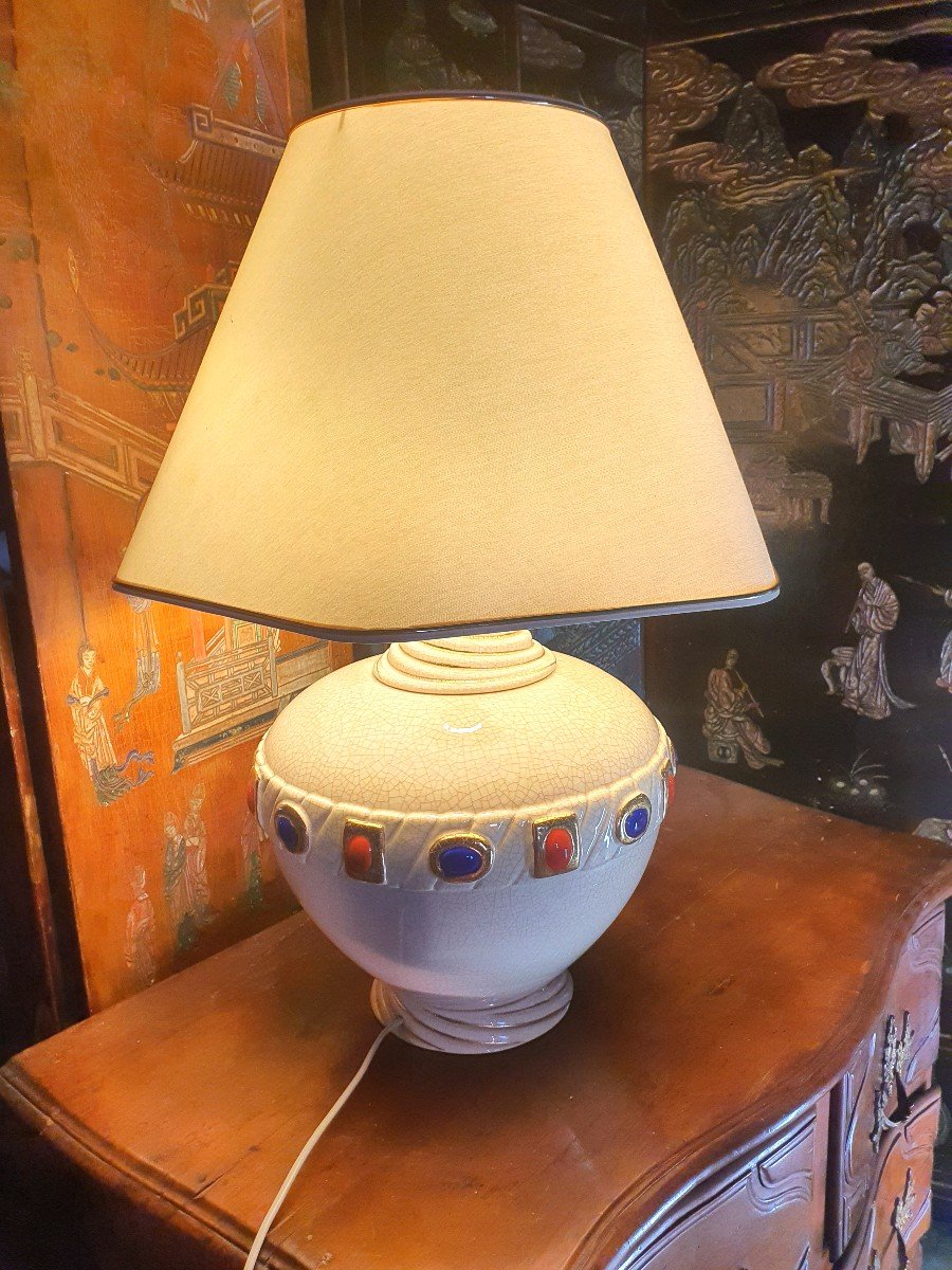 Art Deco Earthenware Lamp From Longwy With Cabochons.