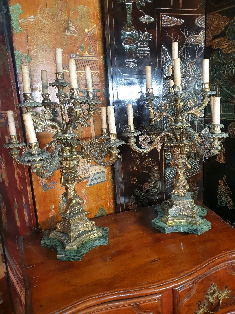 Pair Of Children's Candelabras Gilt Bronze, Marble, 9 Lights.-photo-3