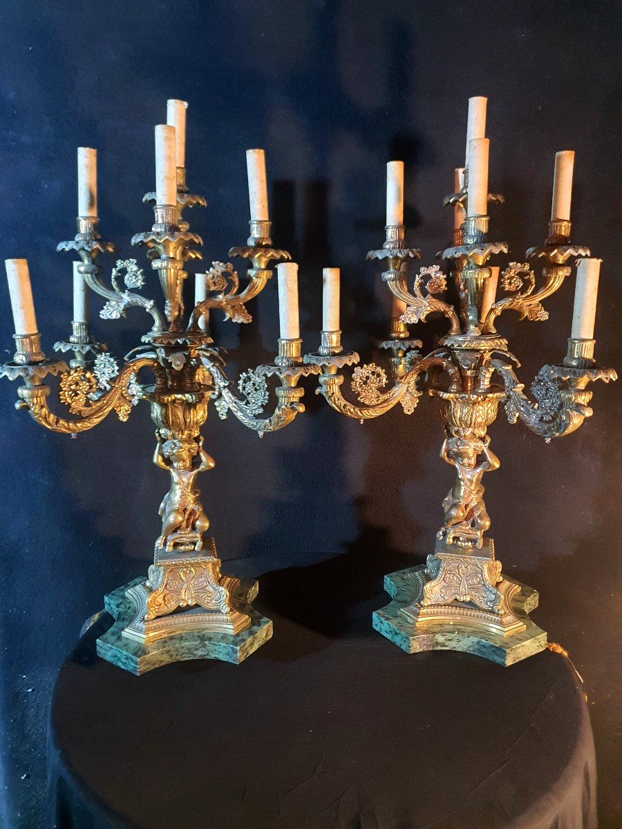 Pair Of Children's Candelabras Gilt Bronze, Marble, 9 Lights.