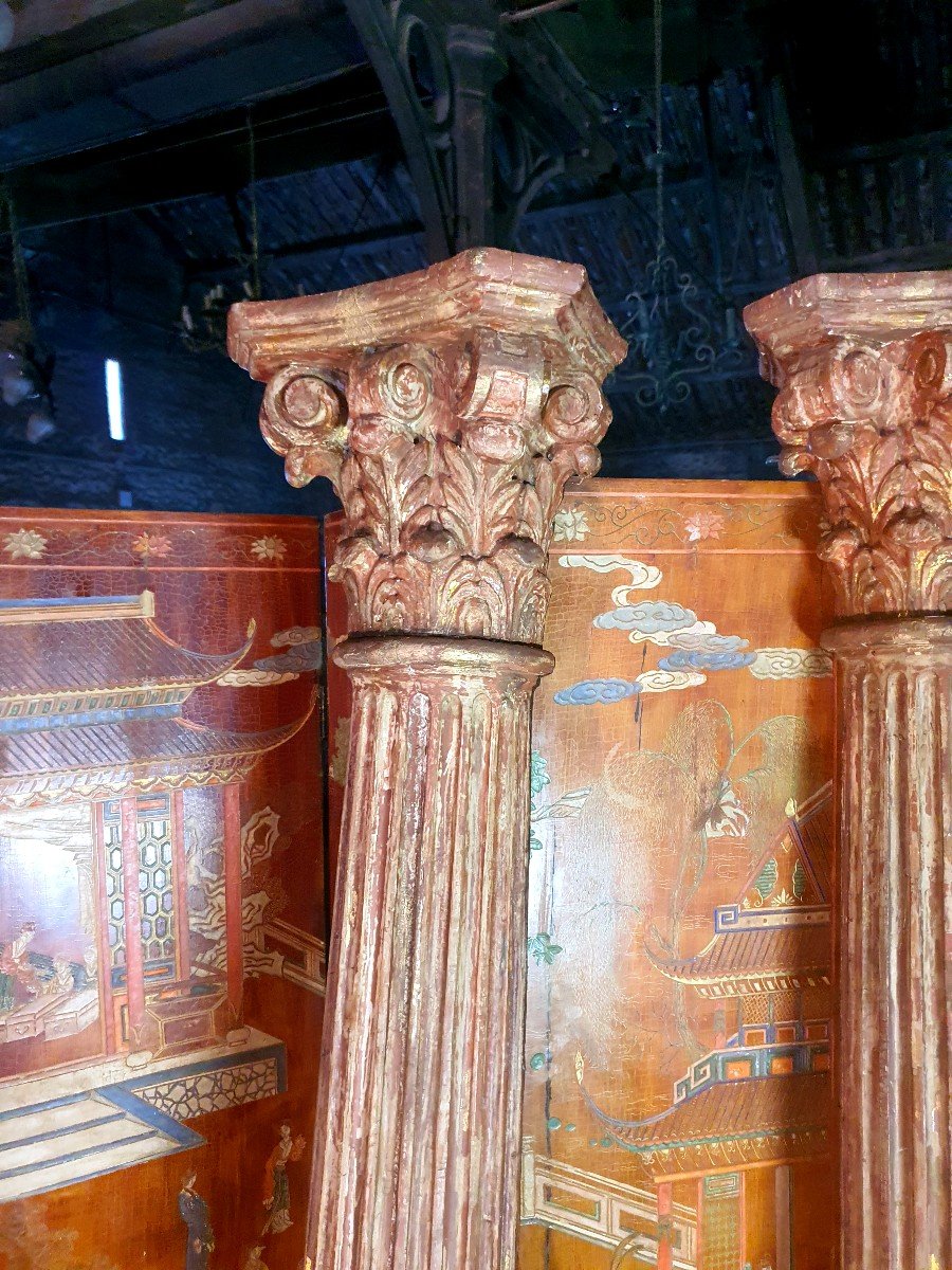 Paire De Colonnes Bois Doré Classiques Corinthiennes.-photo-1