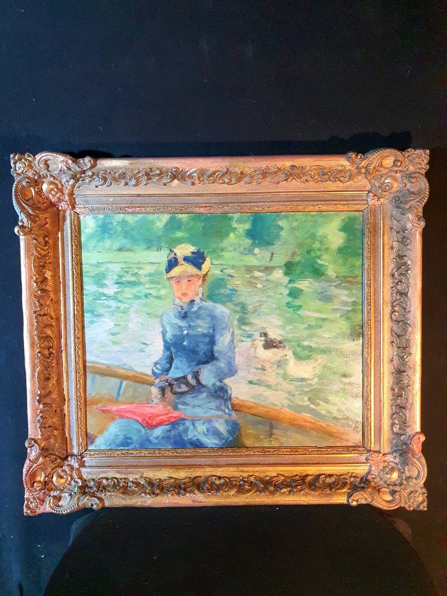 Impressionist Painting Young Woman In A Boat, Claude Monet Style.-photo-2