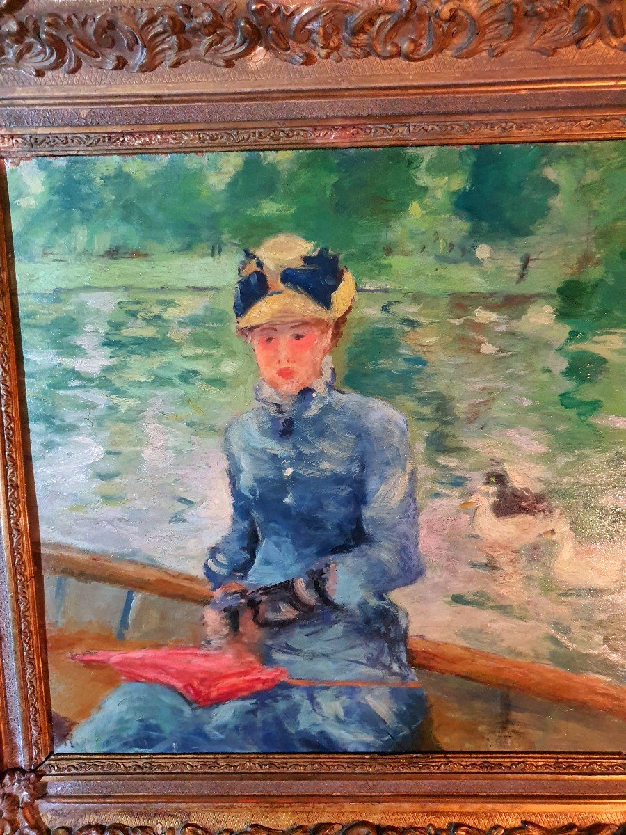 Impressionist Painting Young Woman In A Boat, Claude Monet Style.-photo-3