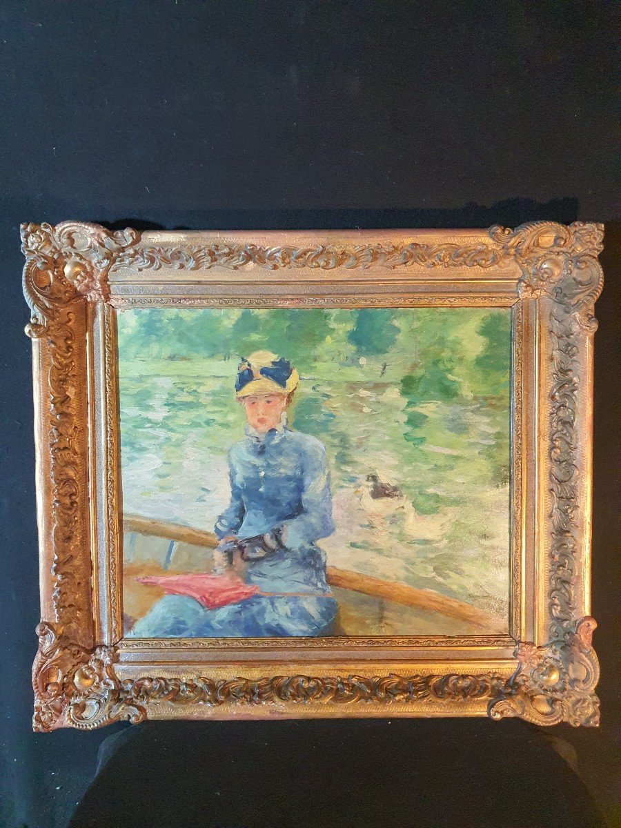 Impressionist Painting Young Woman In A Boat, Claude Monet Style.