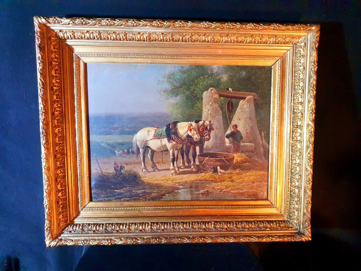 19th Century Painting Horses At The Watering Hole. -photo-2