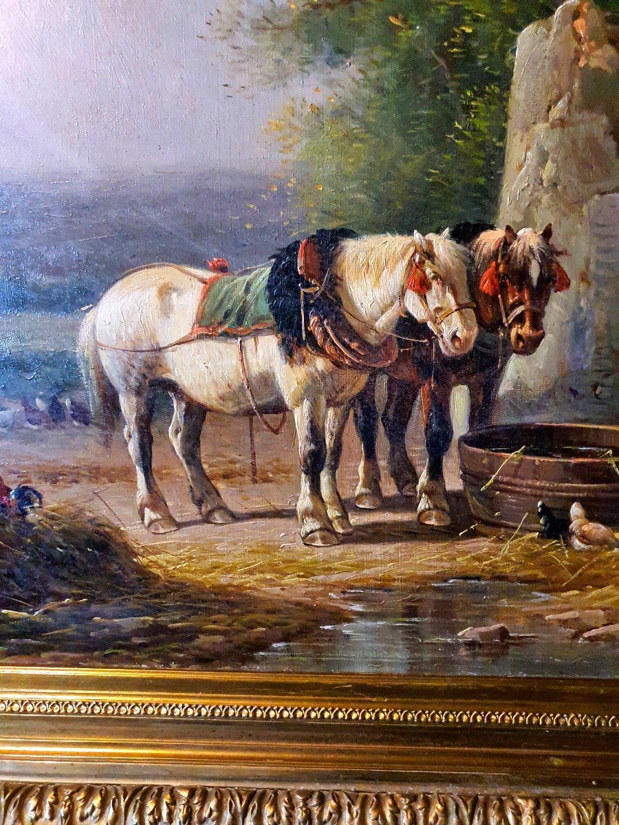 19th Century Painting Horses At The Watering Hole. -photo-3