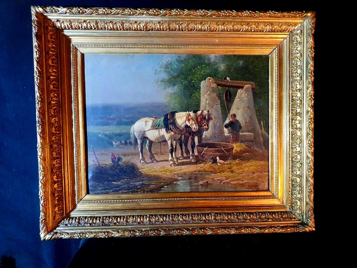 19th Century Painting Horses At The Watering Hole. 