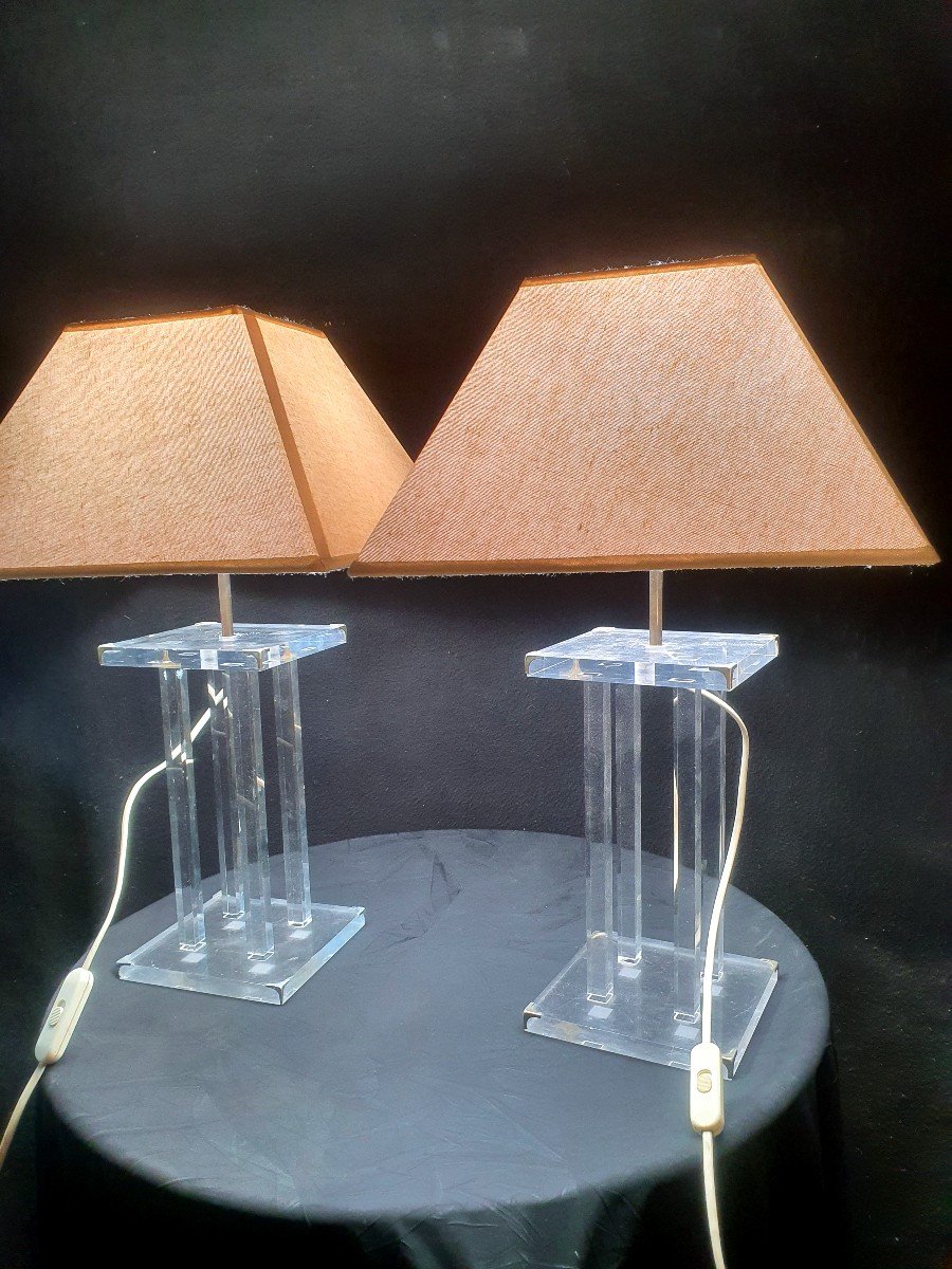 Pair Of Vintage Plexiglass David Lange Lamps. -photo-3