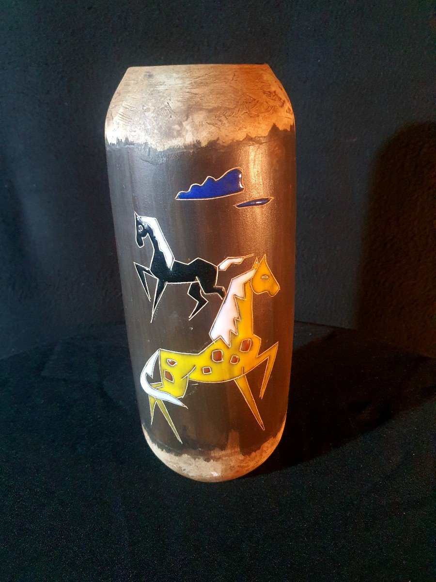 Vintage Ceramic Vase 50s 60s Horses Italy Or Vallauris. -photo-2