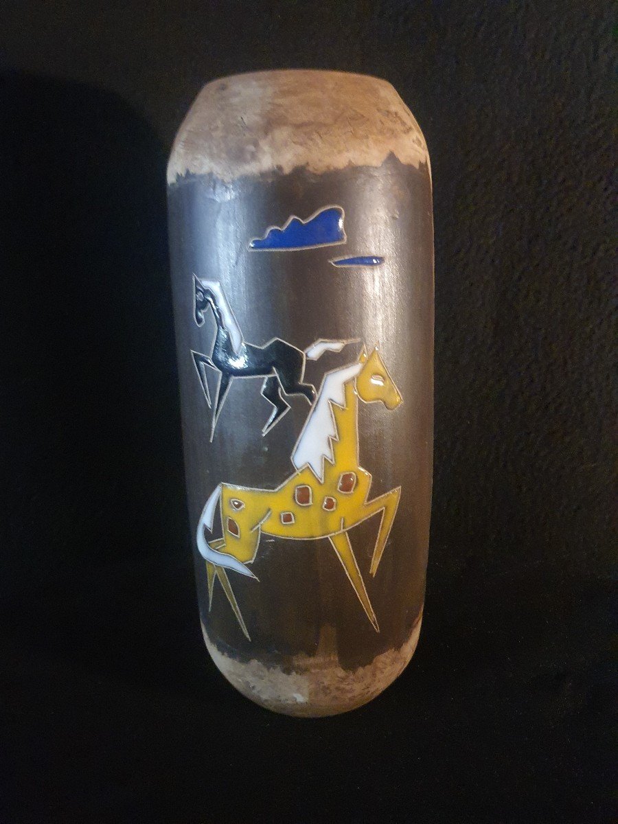 Vintage Ceramic Vase 50s 60s Horses Italy Or Vallauris. -photo-1